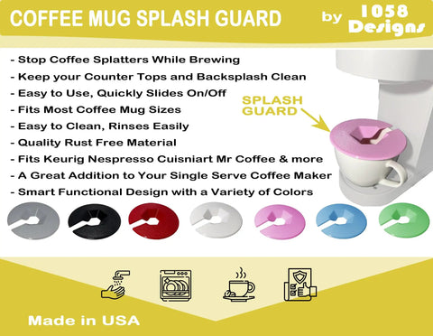 Keurig Compatible Coffee Mug Splash Guard Screen Rose Pink For Single Serve Brewers Keeps Countertops Clean And Lets You Watch Your Brew Without Mess, shown installed on a coffee cup with various color options.