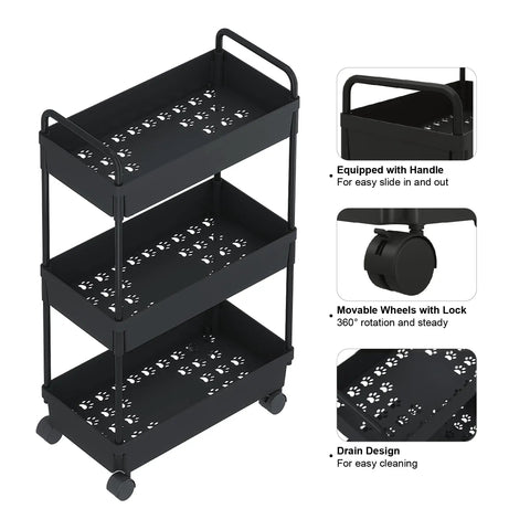 Three Tier Rolling Storage Cart With Adjustable Shelves, Mobile Utility Organizer On Wheels For Kitchen, Bath, And Laundry, Narrow Space Saver In Black Finish, front view
