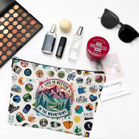 Hiking Makeup Bag For Women Must Have Lightweight Portable Organizer For Hikers And Campers, 9.8x6.7 in, linen, nature-themed design