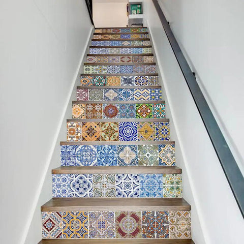 13 Strips Stair Stickers Self Adhesive PVC Home Decor Decals Staircase Murals With Ceramic Tile Pattern 39 Inches Long 7 Inches Wide