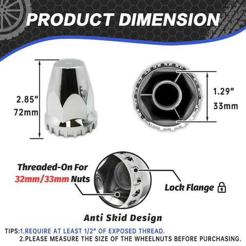 60Pcs Semi Truck Lug Nut Covers Chrome 33mm ABS Plastic Anti Rust Push On Wheel Nut Caps product dimensions diagram.