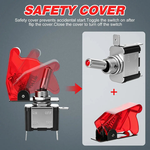 12V LED Toggle Switches Kit 12 Pack Heavy Duty SPST Rocker With Safety Flip Covers 20A 3 Pin Blade Red For Cars Trucks