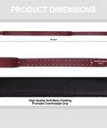 Heavy Duty Leather Work Belt With Padded Mesh Comfort And Adjustable Fit Two Point Five Inch Wide Tool Belt For Carpenters Electricians Framers And Mechanics Suspender Ready With Pouches Maroon, showing dimensions and mesh padding detail.