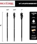 Three Piece Twelve Inch Wood Auger Bit Set With One Quarter Inch Quick Change Hex Shank for woodworking and drill use.