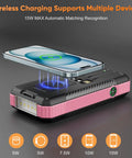 Outdoor Power Bank 33800mAh With Solar Charging And Super Bright LED Flashlight, wireless charging phone on top, showing LED indicator.