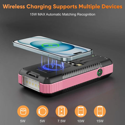 Outdoor Power Bank 33800mAh With Solar Charging And Super Bright LED Flashlight, wireless charging phone on top, showing LED indicator.