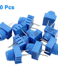 10 Pcs 10K Ohm Breadboard Trim Potentiometer Kit With Blue Knobs For Arduino Projects And Prototyping A Real Must Have For Fine Tuning And Precise Adjustments And Easy Calibration. Blue potentiometers scattered showing pins and knobs.