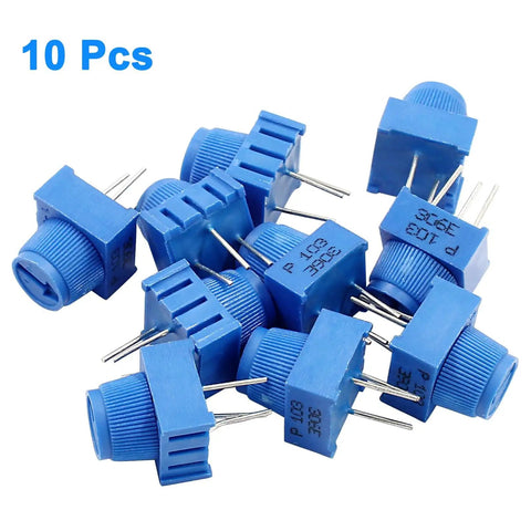 10 Pcs 10K Ohm Breadboard Trim Potentiometer Kit With Blue Knobs For Arduino Projects And Prototyping A Real Must Have For Fine Tuning And Precise Adjustments And Easy Calibration. Blue potentiometers scattered showing pins and knobs.