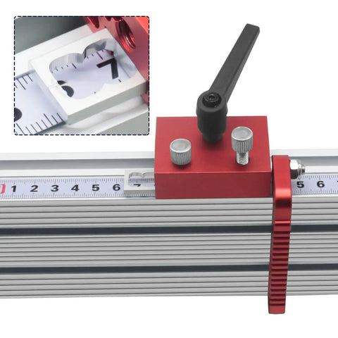 Universal 3.5 Inch Fence Flip Stop Block T Track Stop Block Featuring Dead On Calibrated Hairline Reader For Table Saw Miter And Drill Press, red precision clamp with measurement scale.