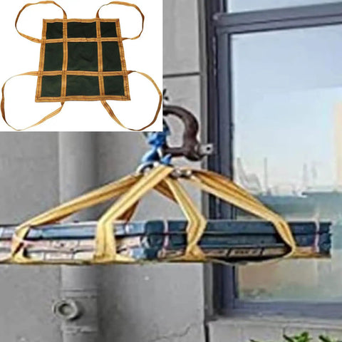 Heavy Duty Canvas Hoist Sling Net lifting cargo with reinforced mesh, 1.5 x 1.5m size, multi-point suspension, rain resistant.