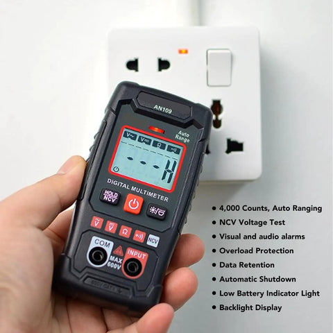 Person using 4000 Count Digital Multimeter With Backlit Display Auto Range Handheld Tester For AC And DC Voltage Measurement
