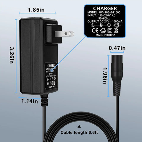 24V Electric Scooter Charger For A Wide Range Of Models Including MX350 E100 E125 E150 E175 E200 E200S E300 E300S E500 Pocket Mod Sports Mod And Dirt Quad, dimensions and cord details displayed.