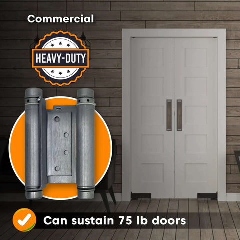 6 Inch Double Action Spring Hinge For Saloon Doors 4 Pack Satin Chrome Finish shown with white double doors