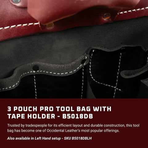 Close-up of black leather 3 Pouch Pro Tool Bag With Tape Holder, showing the durable stitching and multiple pocket openings.