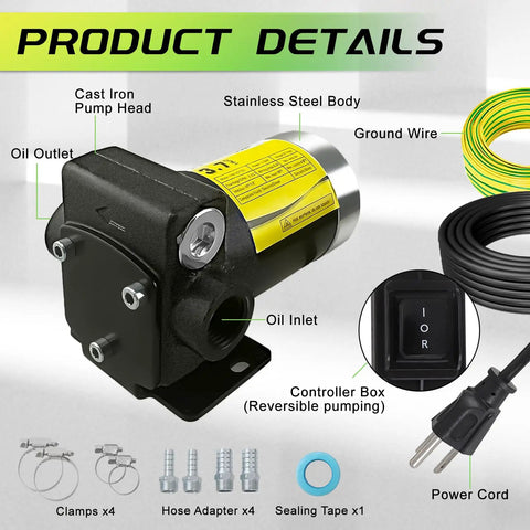 Portable 110V Fuel Transfer Pump With Forward And Reverse Pumping Self Priming 2.3 To 3.7 GPM details and components