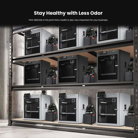 Pro Grade 3D Printer Filtration System With True HEPA H13 And Carbon Filter in use with Bambu Lab P1S X1C on industrial shelves