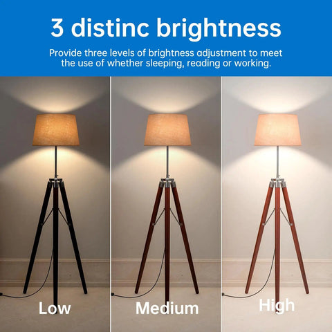3 Way LED A21 Bulbs 4 Pack With 50 100 150W Equivalents, 5000K Daylight, E26 Base shown in three brightness levels in lamps