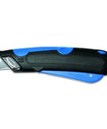 Easycut Cutter Knife With Self Retracting Safety Tipped Blade And Adjustable Length Dial Retractable Edge Guides For Box Tops Built In Blade Storage Includes Three Replacement Blades Black Blue, side view