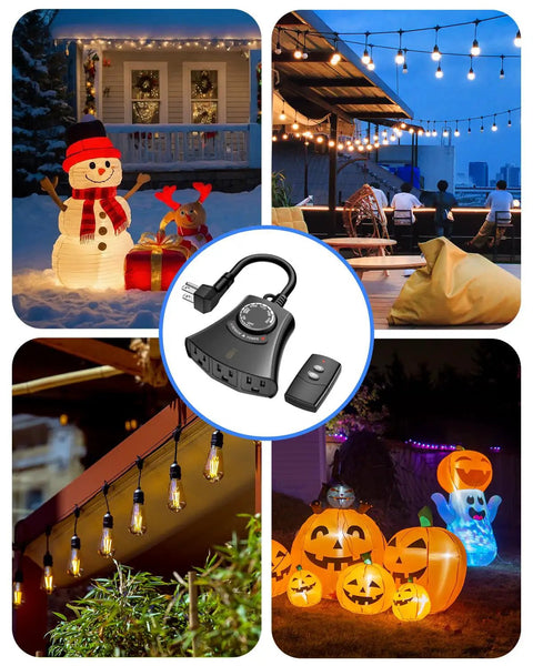 Weatherproof Remote Control Outlet With Dusk Till Dawn Photocell Timer And Three Grounded Plugs for outdoor holiday lights and decorations.