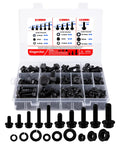 320 Piece Metric Flange Bolts And Nuts Set With Fully Threaded M6 X 1.0, M8 X 1.25, M10 X 1.5 Bolts, Serrated Flange Nuts, Flat And Spring Washers, Carbon Steel Black Oxide, Storage Case, Heavy Duty Auto And DIY Kit in a storage case.