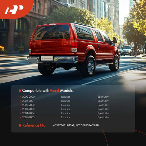 Red Ford Excursion driving in city, compatible with 2000-2005 models; reference part 4C3Z78431A03AB, Tail Back Left Door Latch Lock Actuator visible.