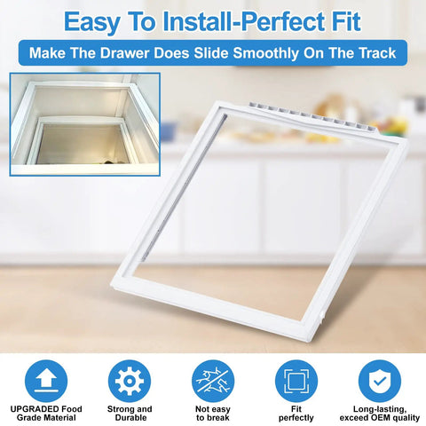 Upgraded 241969501 Refrigerator Shelf Frame With Glass And Crisper Pan Cover for Frigidaire, shown with installation guide.
