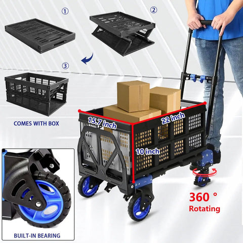 Heavy Duty Folding Hand Truck Dolly With 330Lbs Capacity, Convertible Between 2-Wheel Upright And 4-Wheel Platform Cart, Retractable Handle, Durable Wheels For Easy Moving Of Boxes, Luggage, Groceries, And More. Folded cart with crate and 360° wheels
