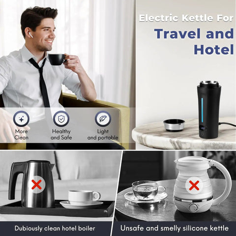 Global Travel Kettle With Dual Voltage 110-240V Portable Electric Kettle LCD Display Four Temperature Settings shown on table