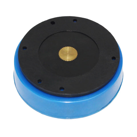 Front view of HFS magnetic base indicator back holder; blue circular base with black top plate and brass center insert.