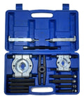 Thinking Process: 14-piece anti-slip bearing puller kit in blue plastic case, metal double-disc chuck tools for car and bike repair