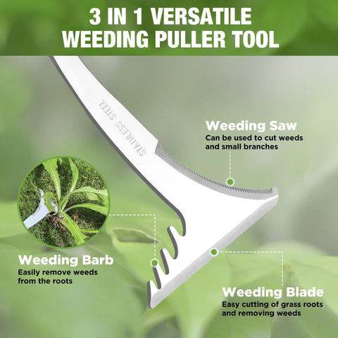 Close-up of crack weeder with L shaped blade and soft grip stainless steel handle for effortless root pulling and removal.