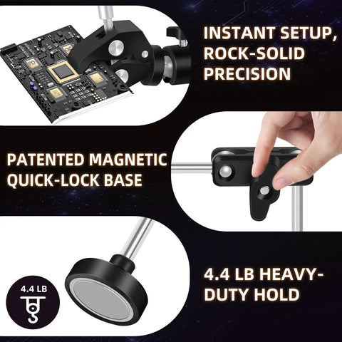 Close-up collage of Magnetic Third Hand Soldering Station With Four Arms And 12 Inch Reach, highlighting precision and sturdy base.