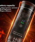 On The Go Portable Espresso Maker With Self Heating Battery Power, 3-In-1 Coffee Cup, showing control panel and battery specs
