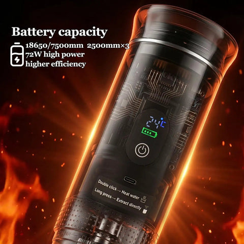 On The Go Portable Espresso Maker With Self Heating Battery Power, 3-In-1 Coffee Cup, showing control panel and battery specs