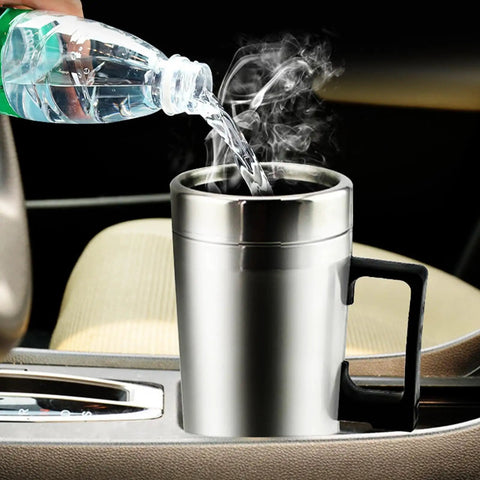 Pouring water into a 12V And 24V Car Kettle Heats Fast Stainless Steel Travel Mug for fresh beverage preparation.