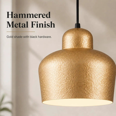 efperfect 7.5 in Gold Pendant Light Fixture, Modern Kitchen Island Lighting with hammered metal finish and black hardware.