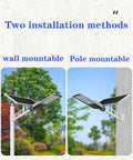 JUDYSSY Solar Street Lights Outdoor, 100W 200W 300W 500W Waterproof Led Solar Flood Lights, showing wall and pole mount installation methods.
