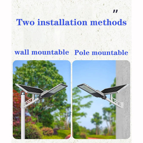 JUDYSSY Solar Street Lights Outdoor, 100W 200W 300W 500W Waterproof Led Solar Flood Lights, showing wall and pole mount installation methods.