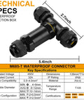 Technical specifications for Outdoor Waterproof Junction Box T-Shape 3-Way 5-Pin Cable Connector with M25 glands and dimensions.
