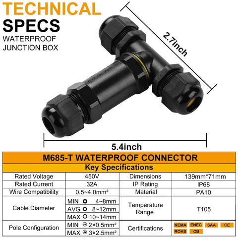 Technical specifications for Outdoor Waterproof Junction Box T-Shape 3-Way 5-Pin Cable Connector with M25 glands and dimensions.