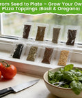 15 Pack Herb Seeds Set With 4500 Plus Non GMO Heirloom Seeds displayed on windowsill, basil and oregano packets visible.