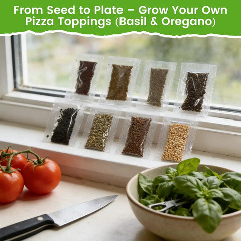 15 Pack Herb Seeds Set With 4500 Plus Non GMO Heirloom Seeds displayed on windowsill, basil and oregano packets visible.