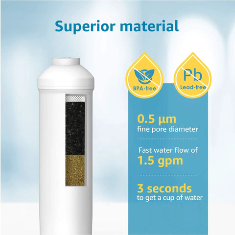 Top Tier Under Sink Water Filter System With Slick Direct Connect Setup And Heavy Duty Coconut Shell Activated Carbon, white filter cartridge, BPA-free, 0.5 micron.