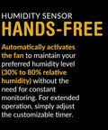 Text highlighting the hands-free humidity sensor feature of the 100 CFM Quiet Humidity Sensing Bathroom Exhaust Fan With Energy Star Rating, Dimmable 4000K LED Light, No Attic Access Required, EZ Install, Fits Standard 9x9 Ceiling Openings, Great For Small Bathrooms.