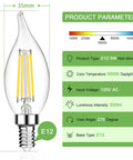 LED E12 Candle Bulbs 5W 60W Equiv Non Dimmable Flame Tip, CRI 80+ Daylight White 5000K, 550 Lumens energy saving bulb diagram