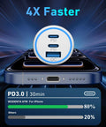 Image of 67W Three-Port USB C Car Charger With 3Ft Cable For iPhone 17 16 15 Pro Max Pro Air Plus And iPad Fast Charge On The Road Cigarette Lighter Power Adapter showcasing fast charging capability with PD and QC ports.