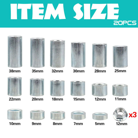 20 Piece M12 Spacer Sleeve Bushing Kit For Motorcycle ATV Dirt Bike Moped Mini Bike MX650 Includes 17 Bushings Of Varied Lengths And 3 Lock Nuts Industrial Steel 12mm Spacers For Tight Fit And Vibration Reduction, assorted 5mm-38mm sleeves and 12mm lock nuts