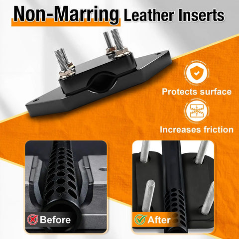Heavy Duty Aluminum Barrel Vise Tool Built Like A Tank With Cowhide Leather Inserts For Dead Nuts Secure Rifle Maintenance Non Marring Clamp showing non-marring leather inserts.