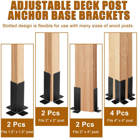 Eight Pack Adjustable Post Anchor Brackets Heavy Duty Half Column Black Support Base for different wood post sizes display