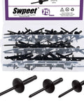 75-Piece All Black Large Flange Aluminum Blind Rivets Kit With Multiple Sizes 3/16 X 3/8 In, 4/5 In, And 1 In Open End Pop Rivets